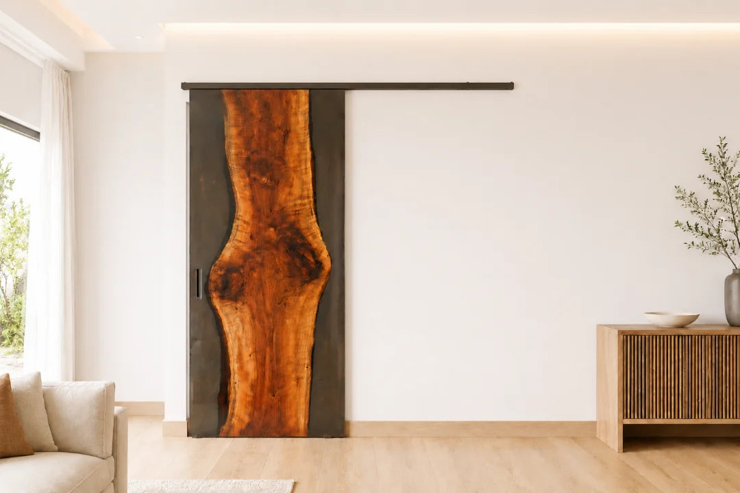 DR10 Charcoal Edge smoky gray epoxy pivot door with handcrafted resin and natural-grain detail