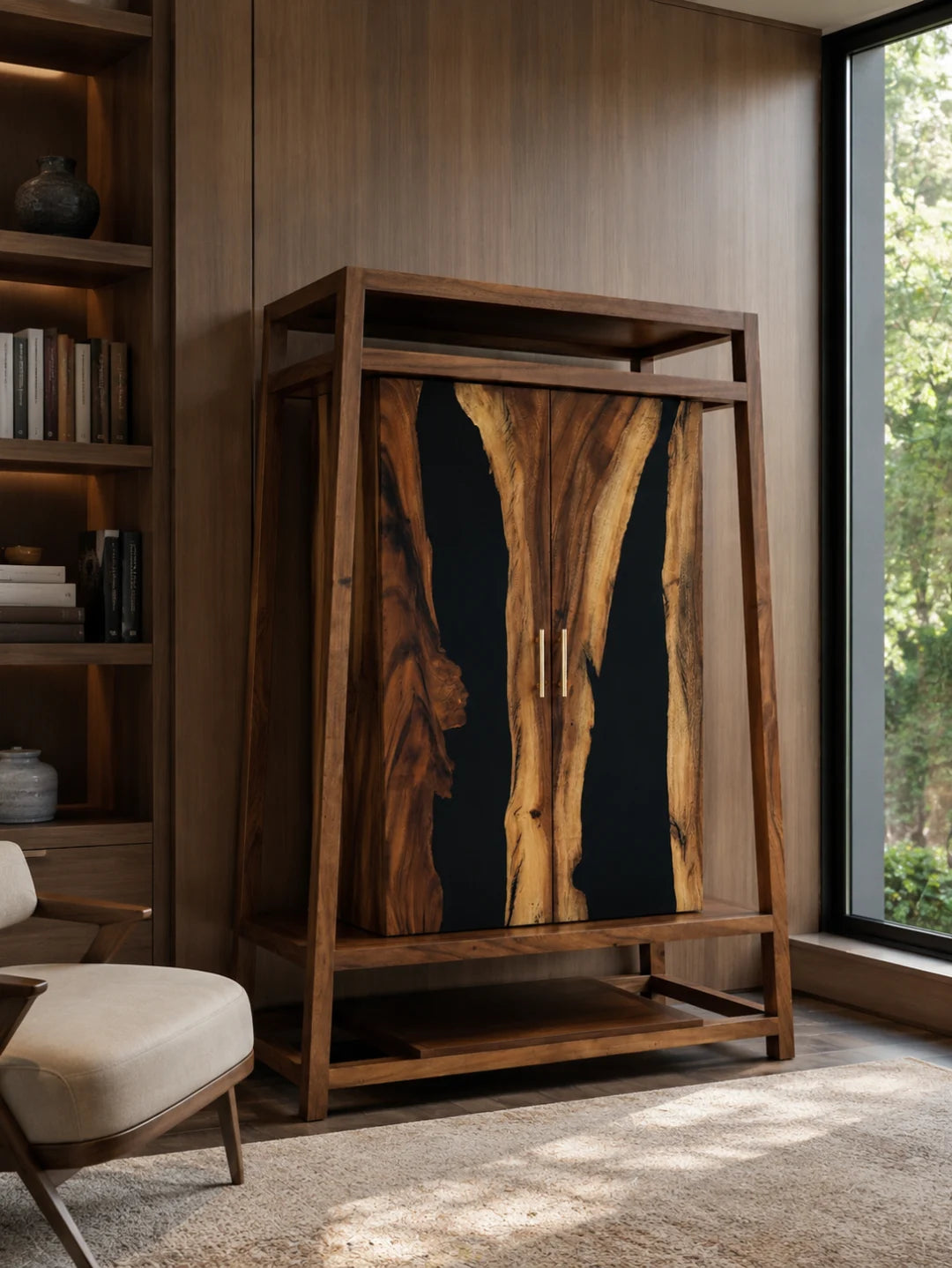 DSC01 Midnight Grove jet black display and storage cabinet with handcrafted resin and natural-grain detail
