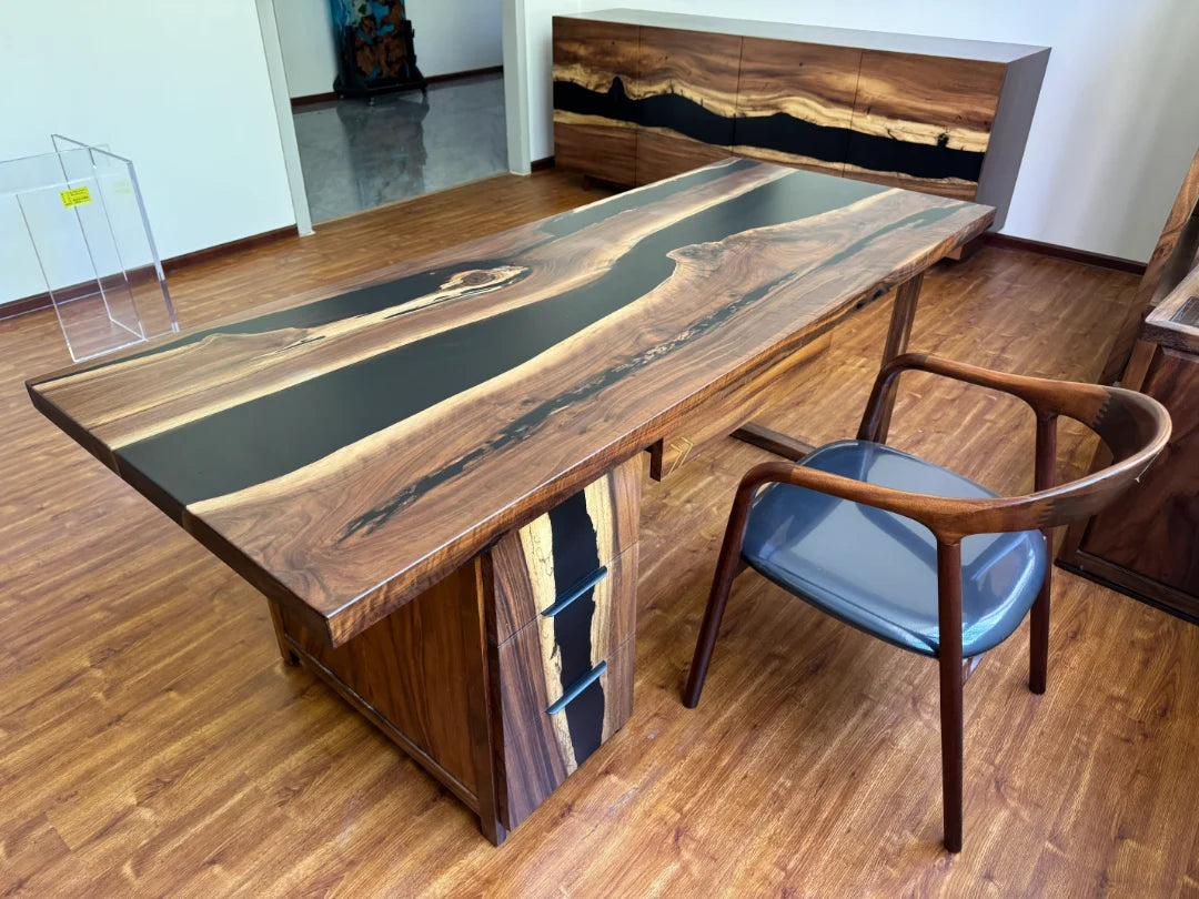 Black River Jet Black Epoxy Desk with Drawers DSK01