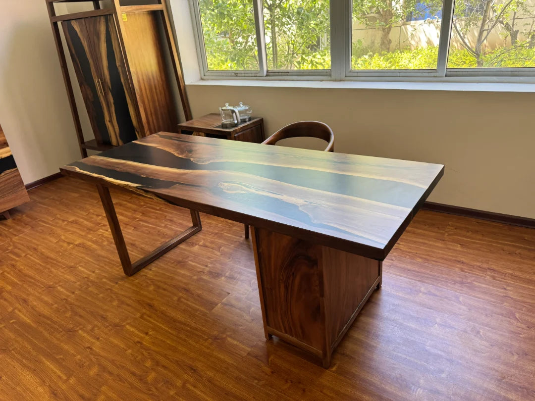Black River Jet Black Epoxy Desk with Drawers DSK01
