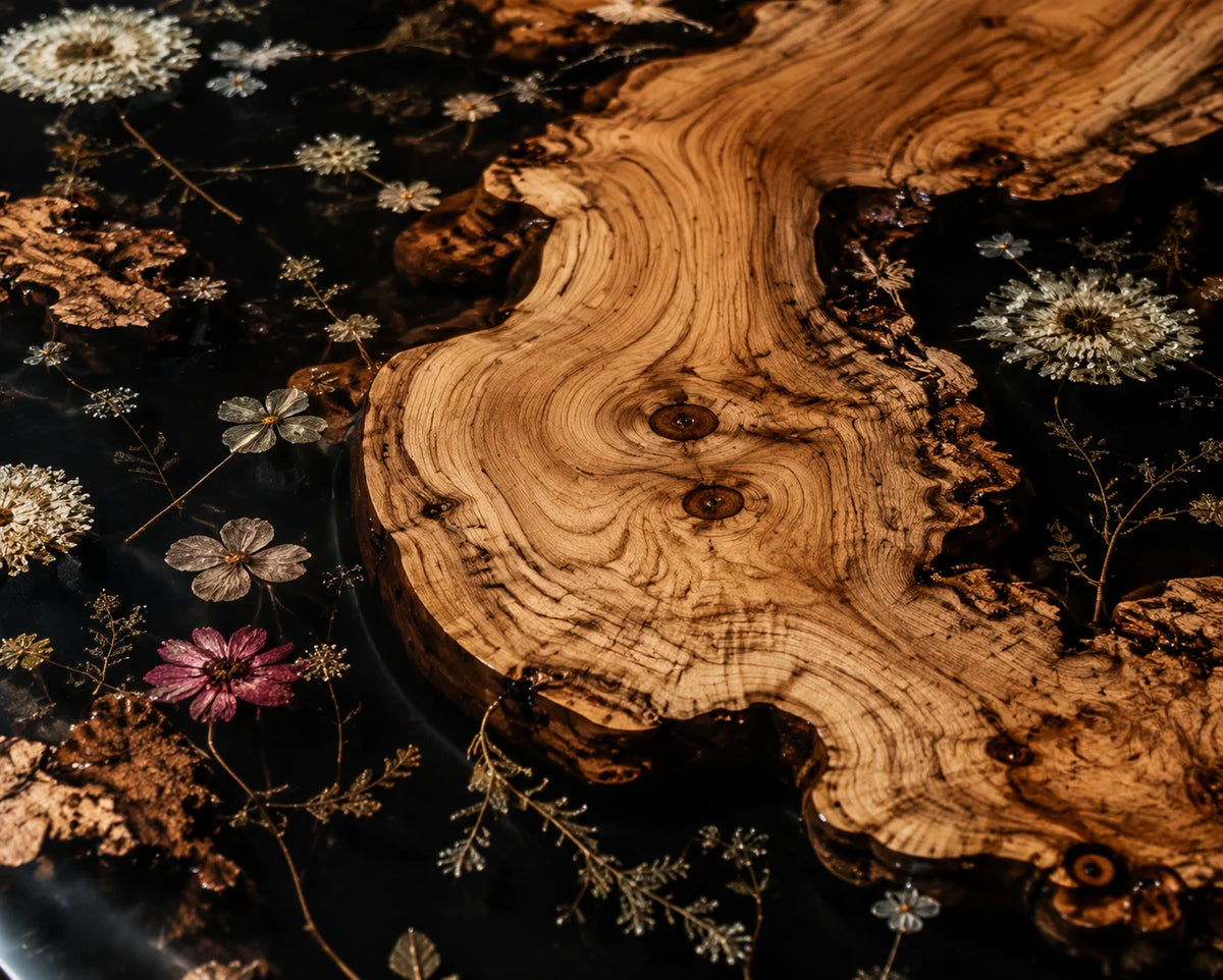 Aurorawoodart Custom Walnut Black Floral Epoxy Dining Table DT101