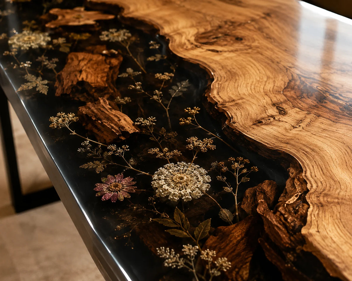 Aurorawoodart Custom Walnut Black Floral Epoxy Dining Table DT101
