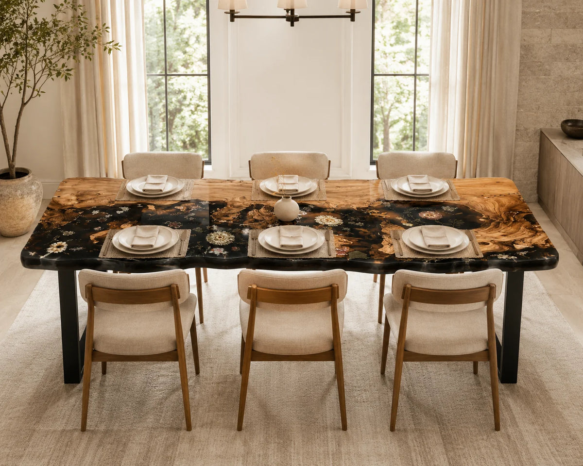 Aurorawoodart Custom Walnut Black Floral Epoxy Dining Table DT101