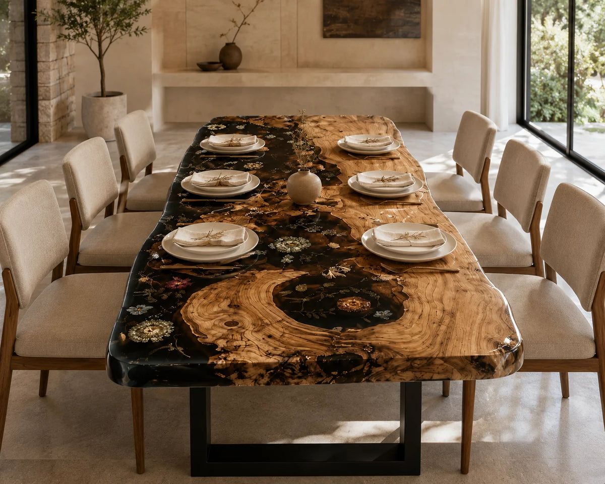 Aurorawoodart Custom Walnut Black Floral Epoxy Dining Table DT101