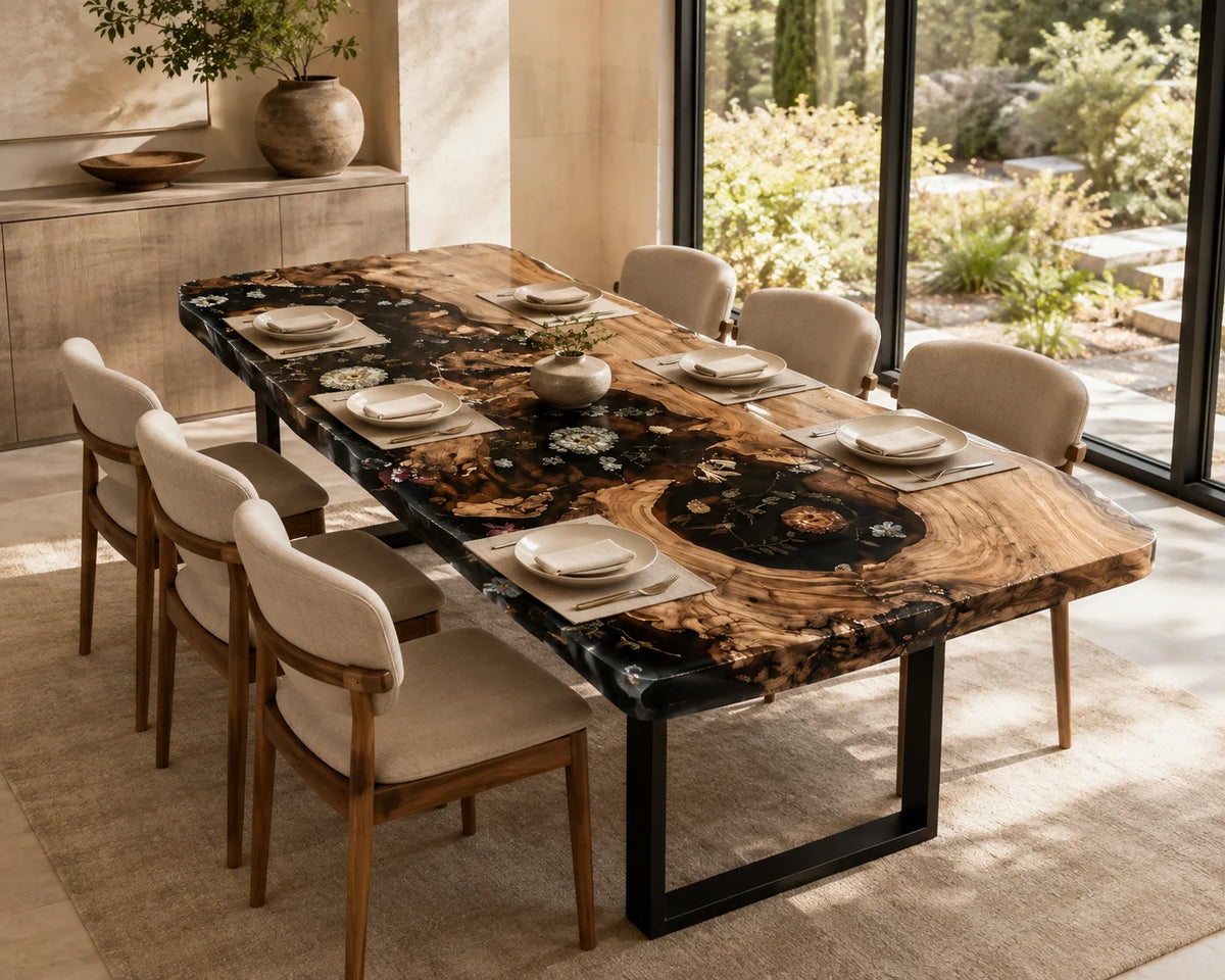 Aurorawoodart Custom Walnut Black Floral Epoxy Dining Table DT101
