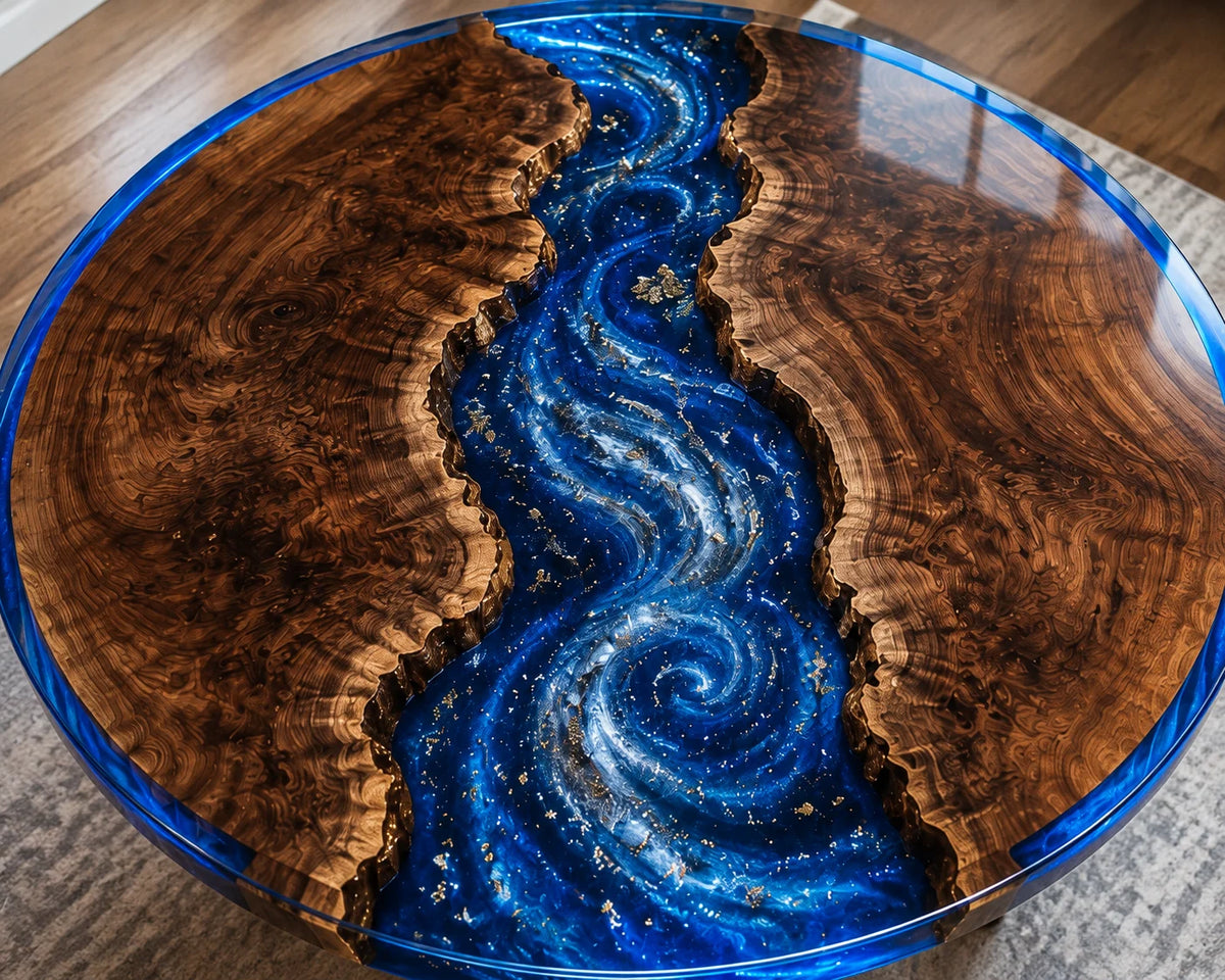 Aurorawoodart Custom Black Walnut Galaxy Blue Epoxy River Dining Table DT104