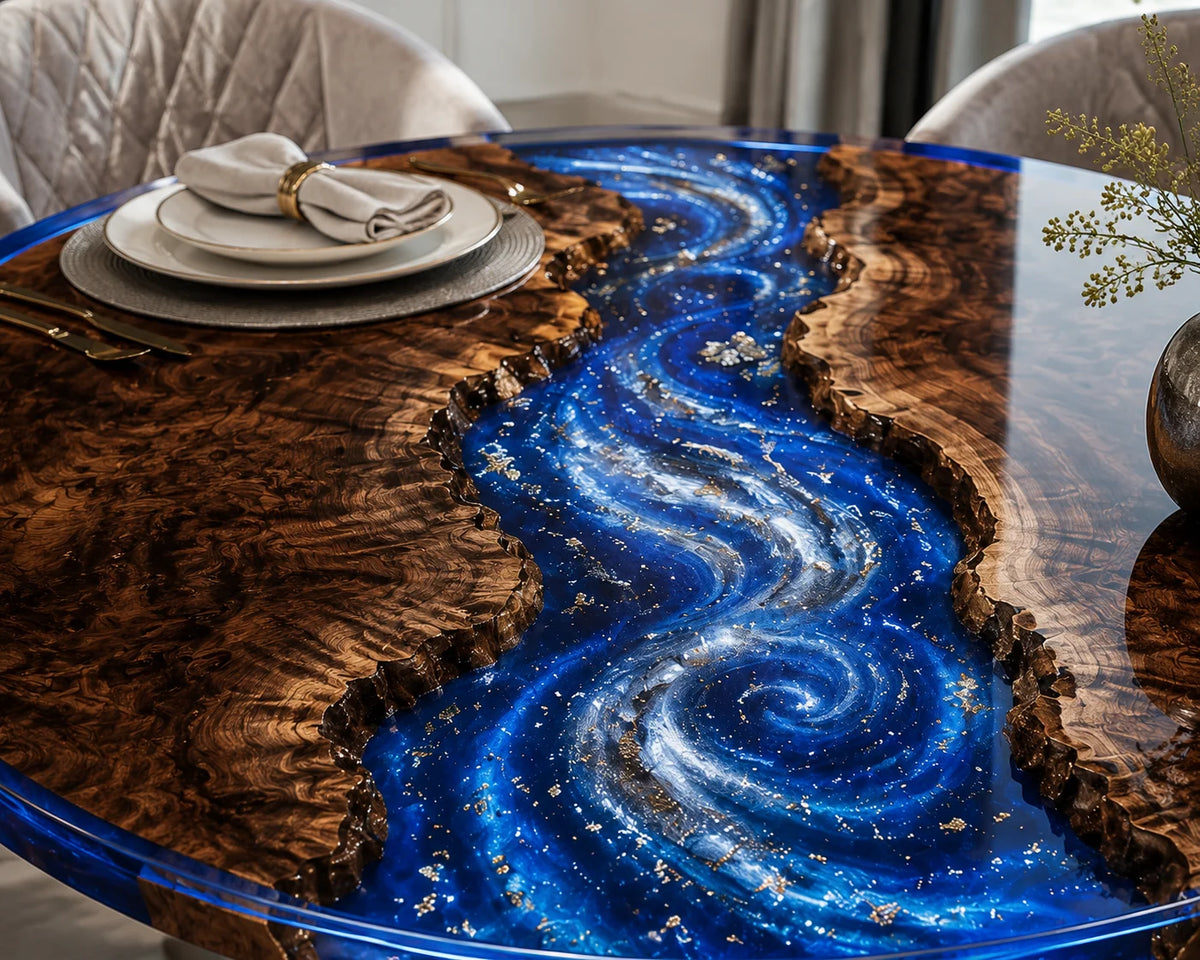 Aurorawoodart Custom Black Walnut Galaxy Blue Epoxy River Dining Table DT104