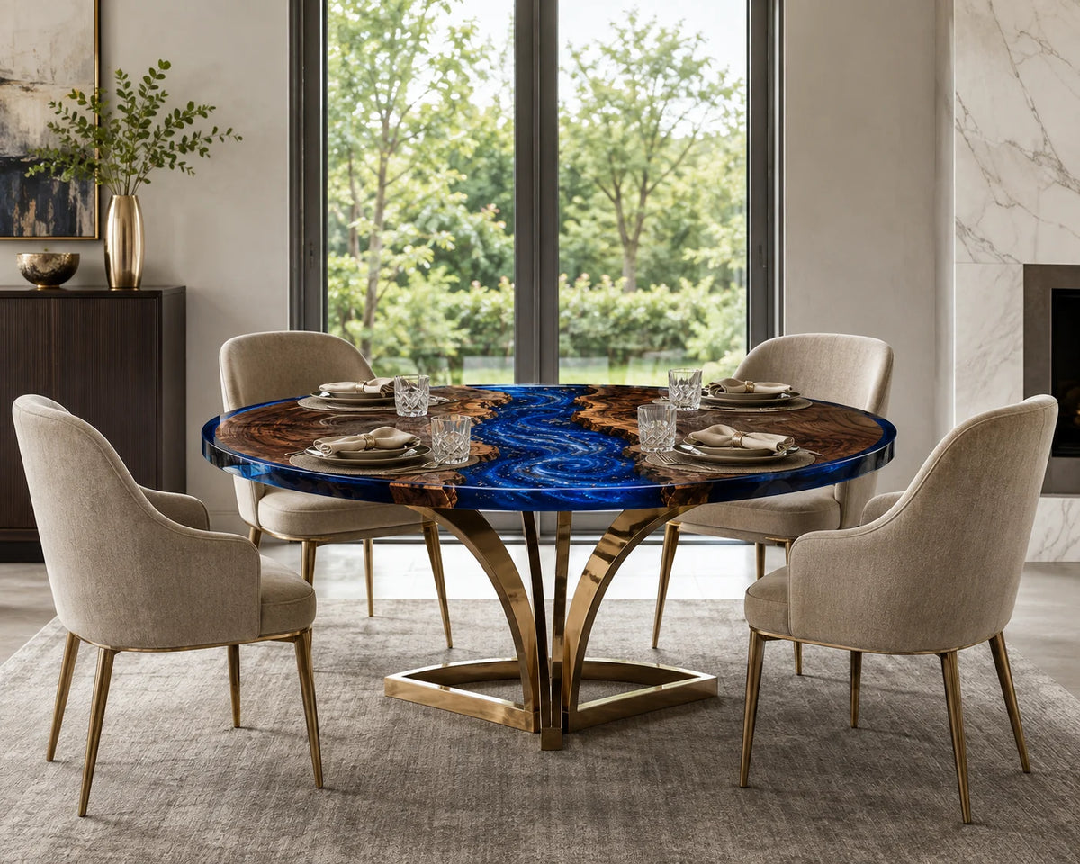 Aurorawoodart Custom Black Walnut Galaxy Blue Epoxy River Dining Table DT104