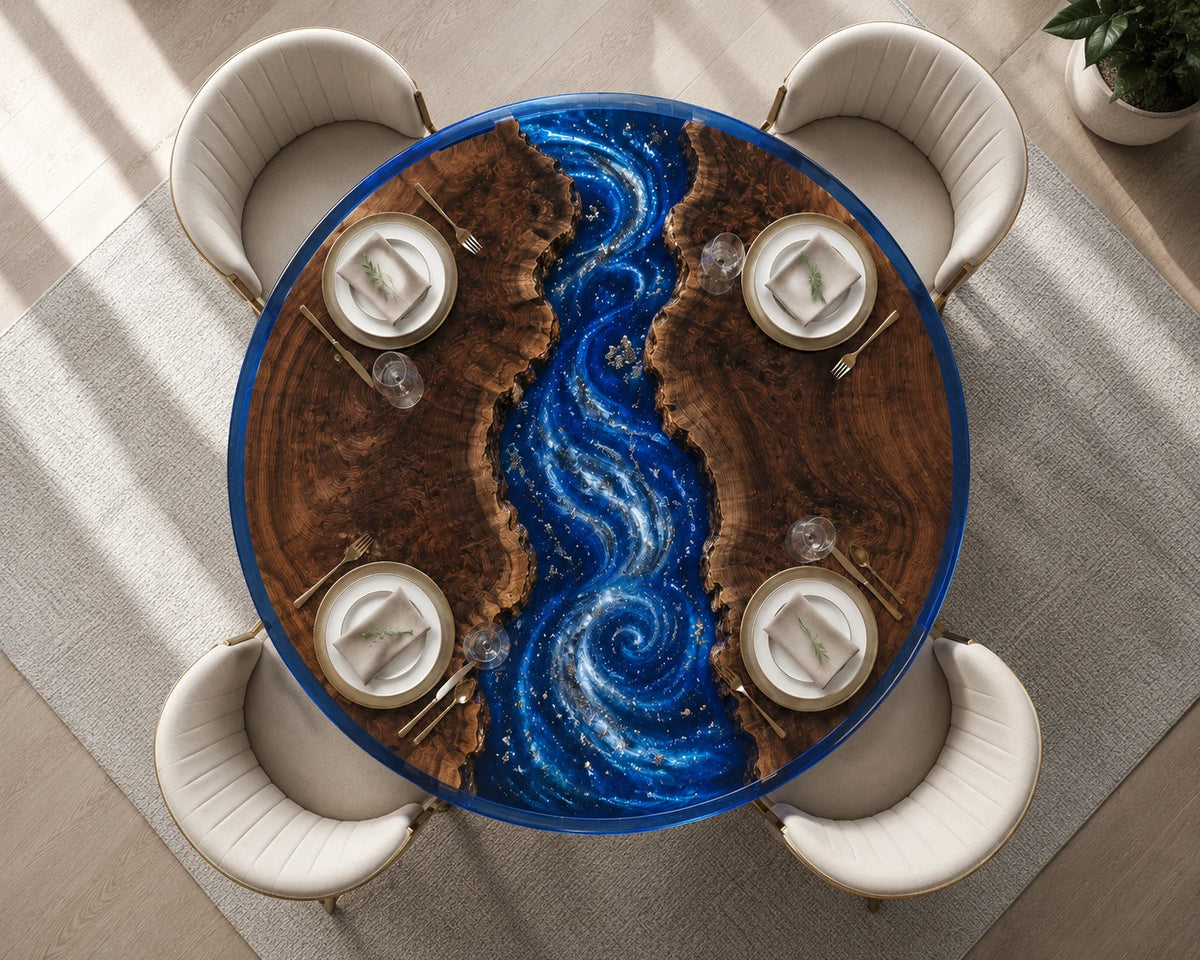 Aurorawoodart Custom Black Walnut Galaxy Blue Epoxy River Dining Table DT104