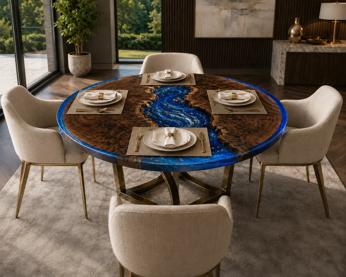 Aurorawoodart Custom Black Walnut Galaxy Blue Epoxy River Dining Table DT104