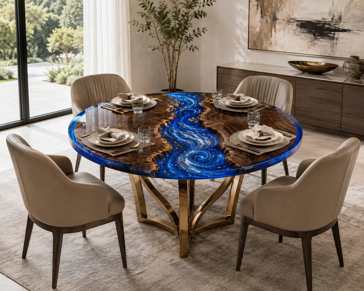Aurorawoodart Custom Black Walnut Galaxy Blue Epoxy River Dining Table DT104