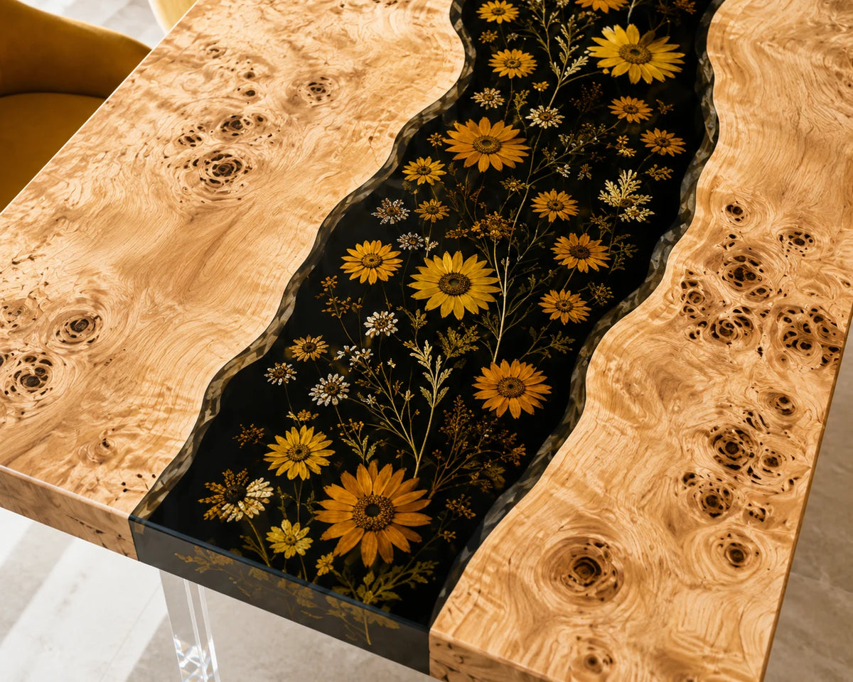 Aurorawoodart Custom Poplar Black Floral Epoxy Dining Table DT105