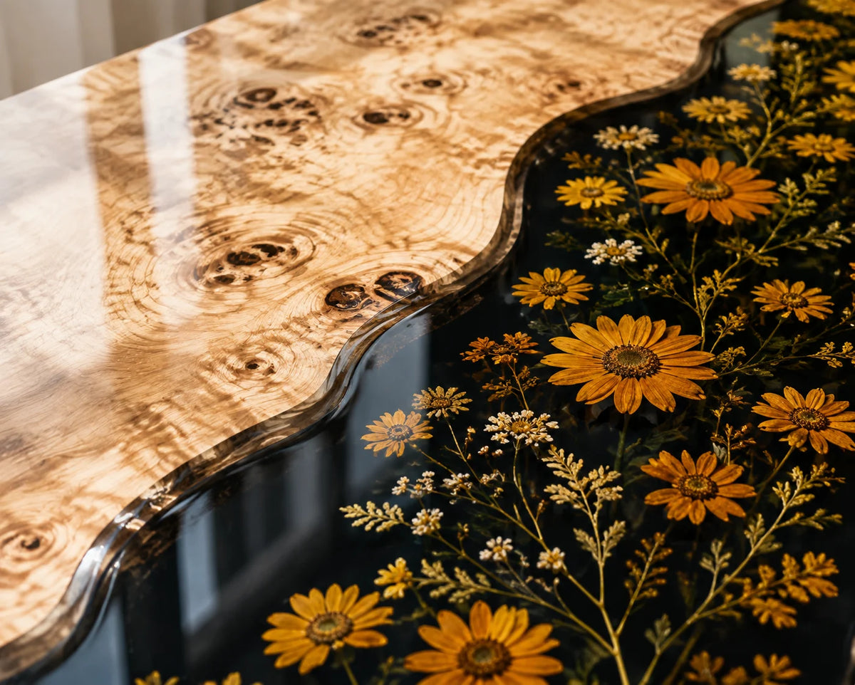 Aurorawoodart Custom Poplar Black Floral Epoxy Dining Table DT105