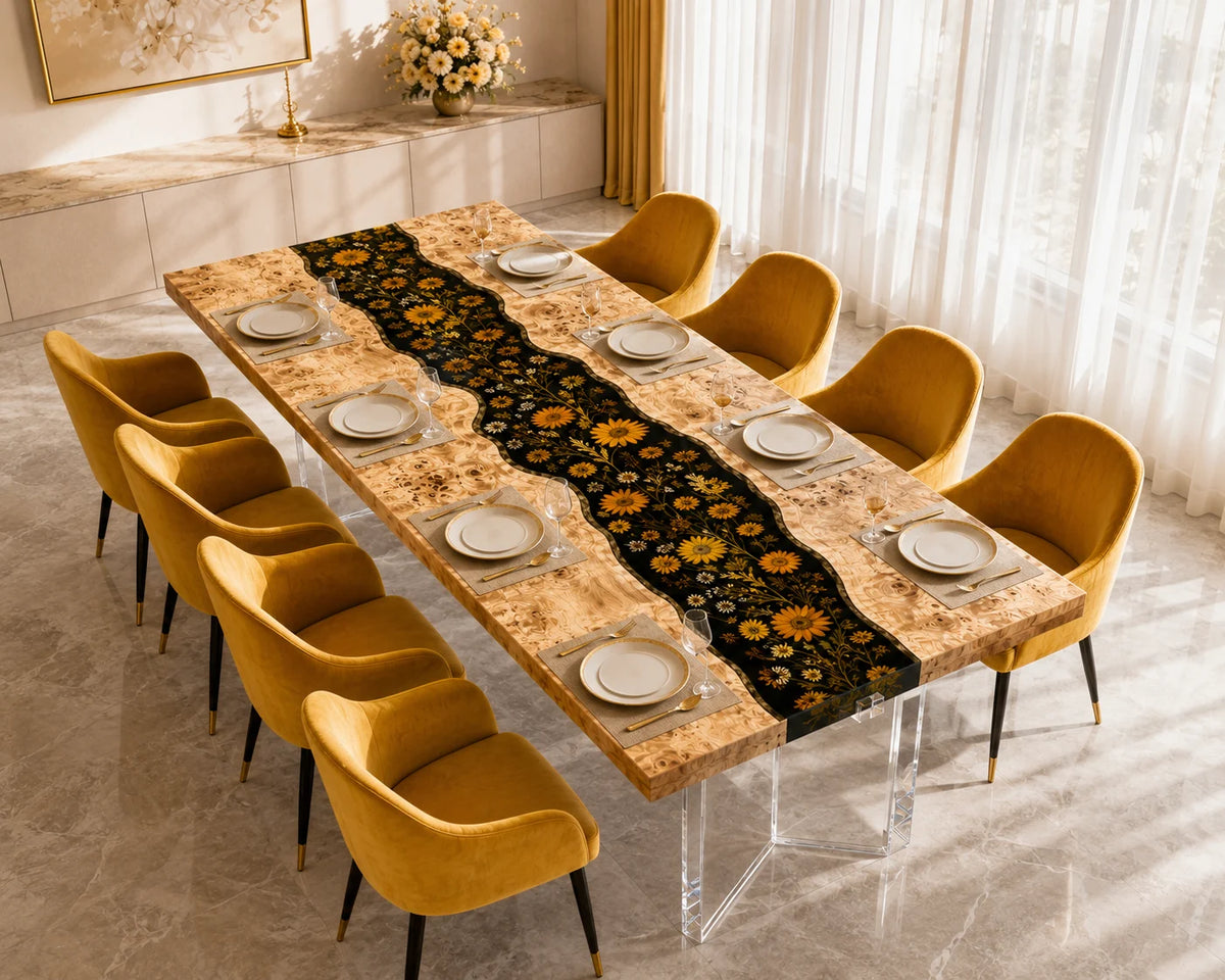 Aurorawoodart Custom Poplar Black Floral Epoxy Dining Table DT105