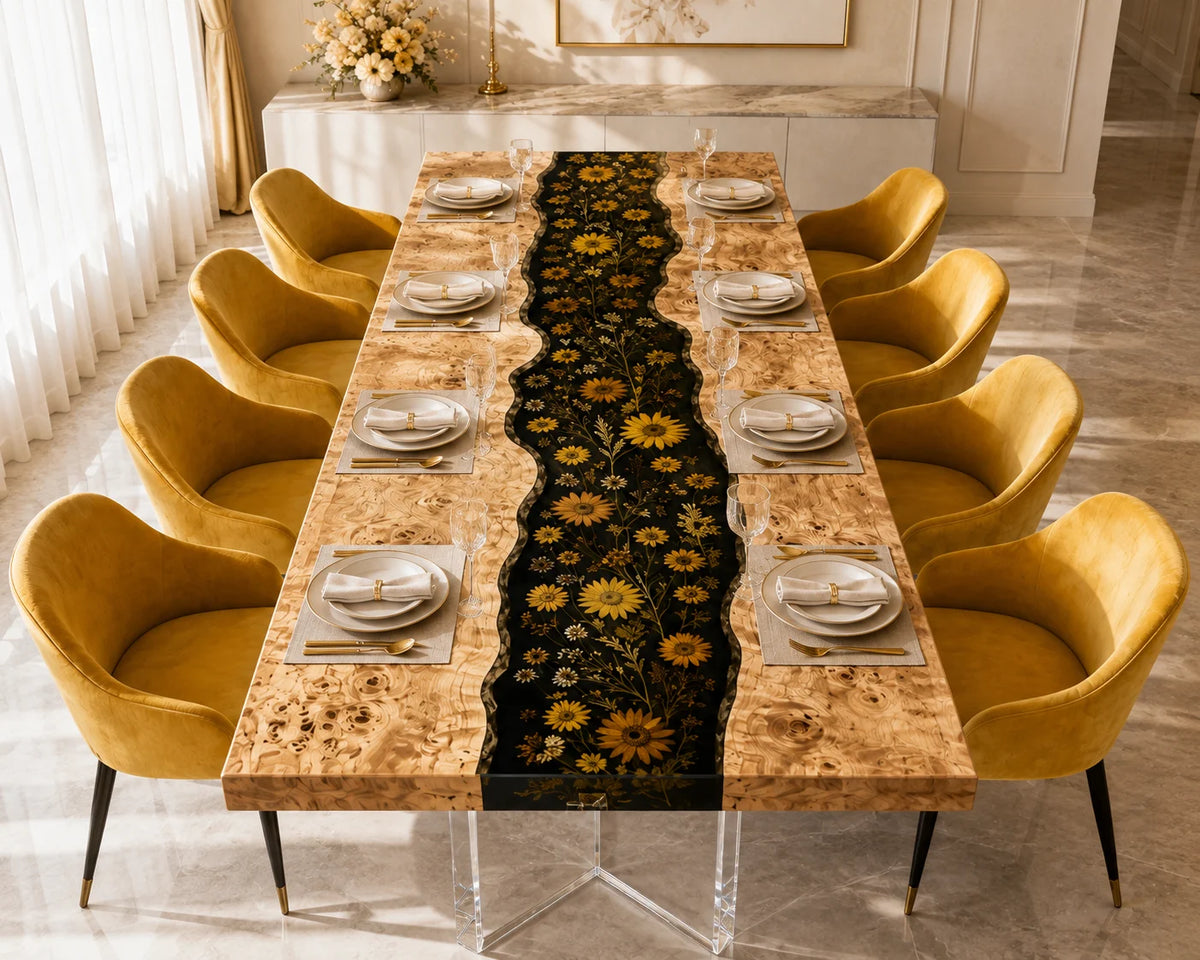 Aurorawoodart Custom Poplar Black Floral Epoxy Dining Table DT105