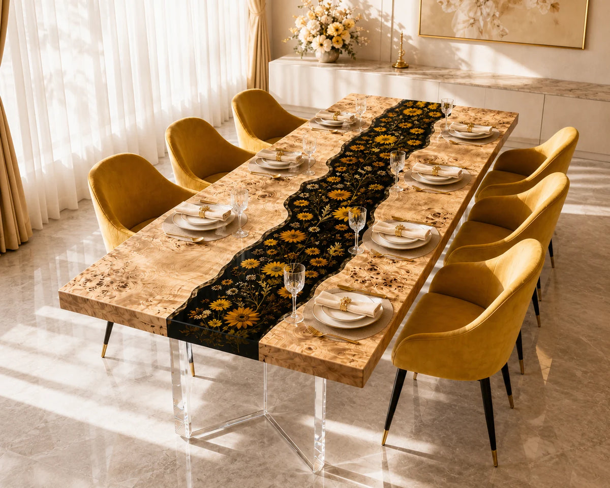 Aurorawoodart Custom Poplar Black Floral Epoxy Dining Table DT105