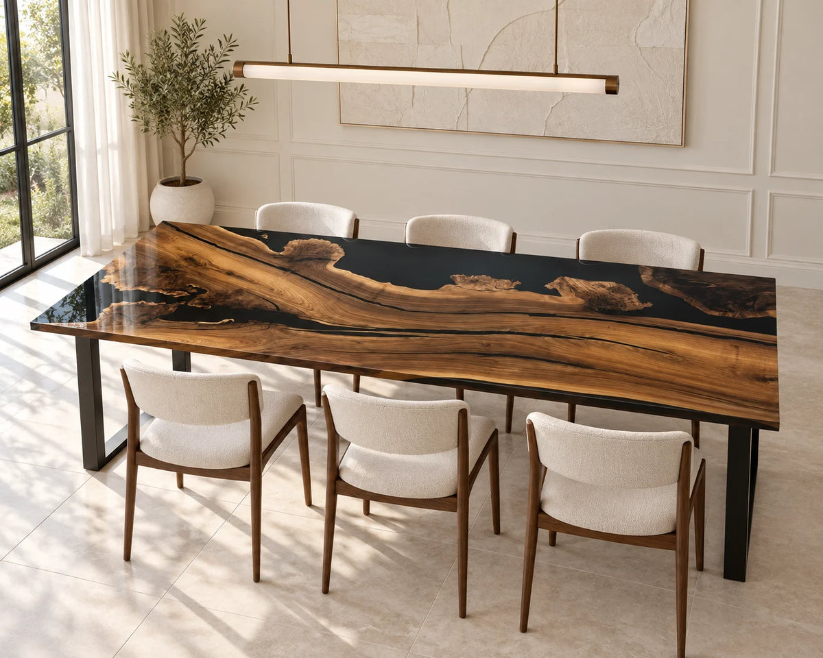 Aurorawoodart Custom Black Walnut Black Epoxy Live Edge Dining Table DT107