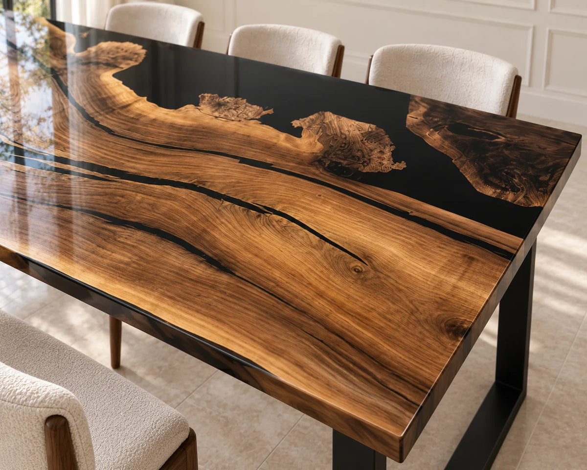 Aurorawoodart Custom Black Walnut Black Epoxy Live Edge Dining Table DT107