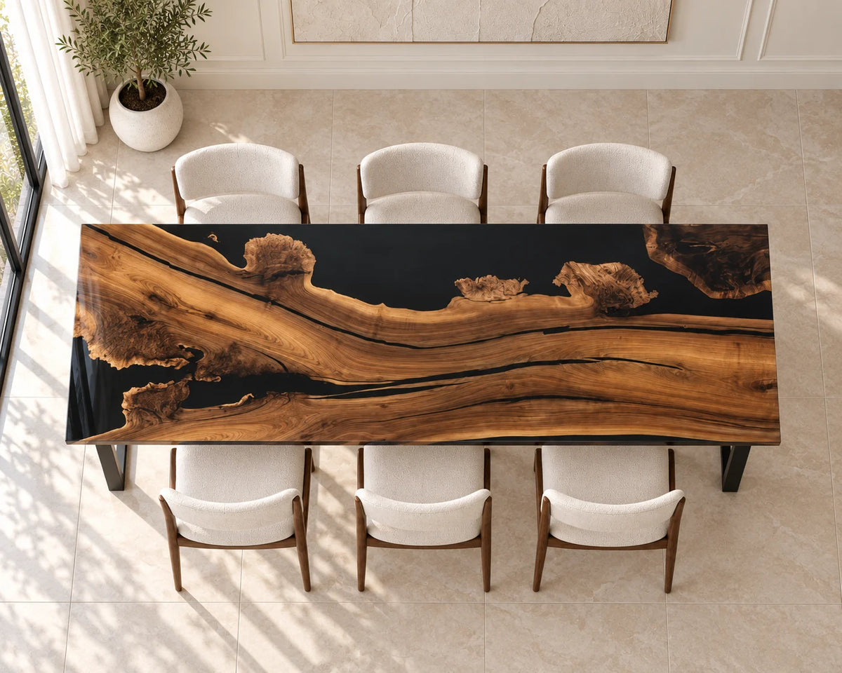 Aurorawoodart Custom Black Walnut Black Epoxy Live Edge Dining Table DT107