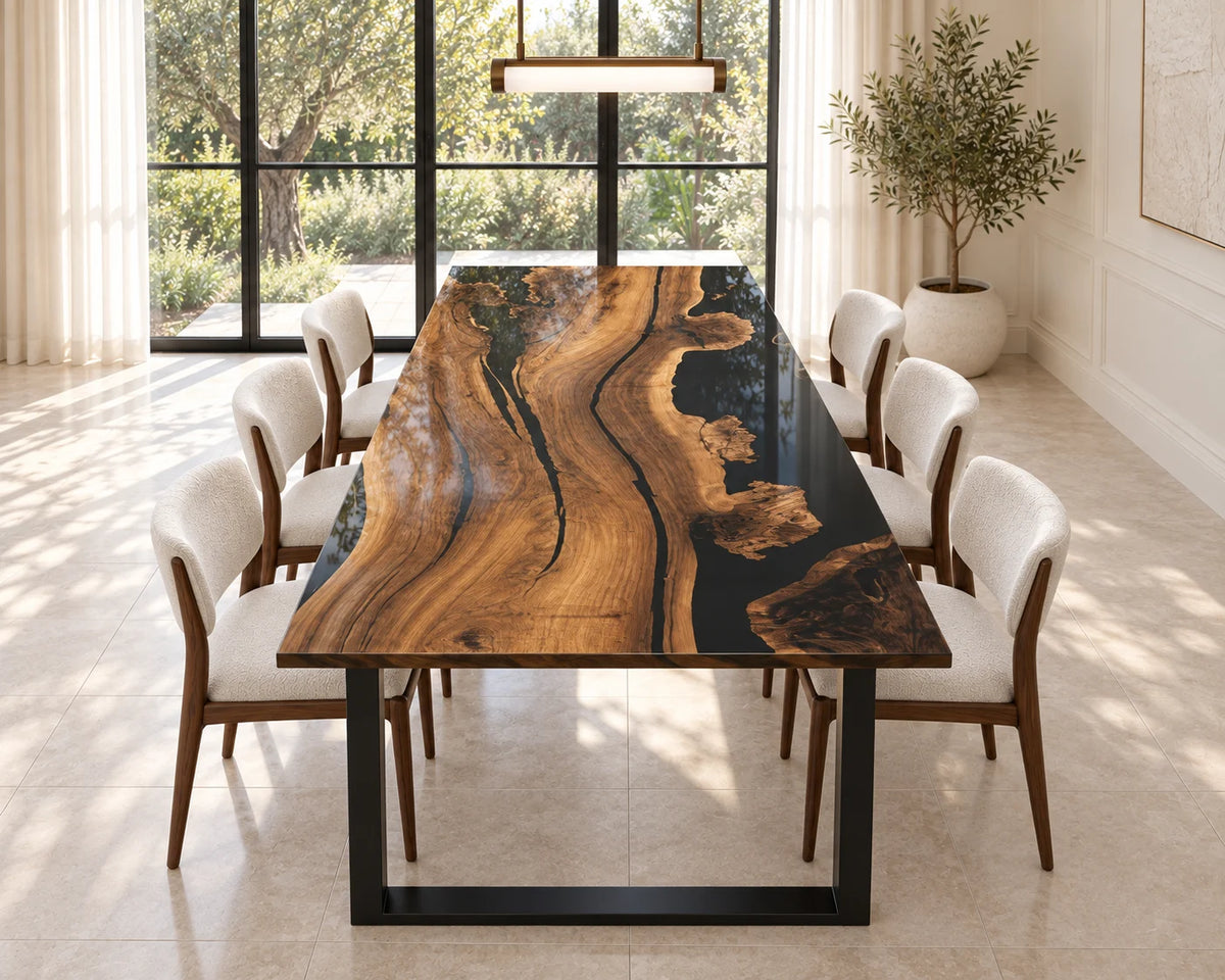 Aurorawoodart Custom Black Walnut Black Epoxy Live Edge Dining Table DT107