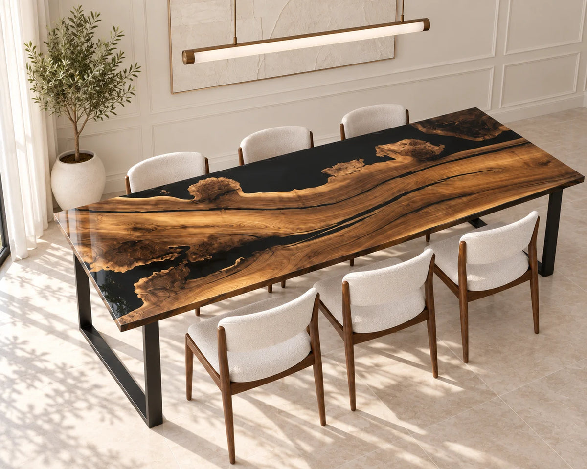 Aurorawoodart Custom Black Walnut Black Epoxy Live Edge Dining Table DT107