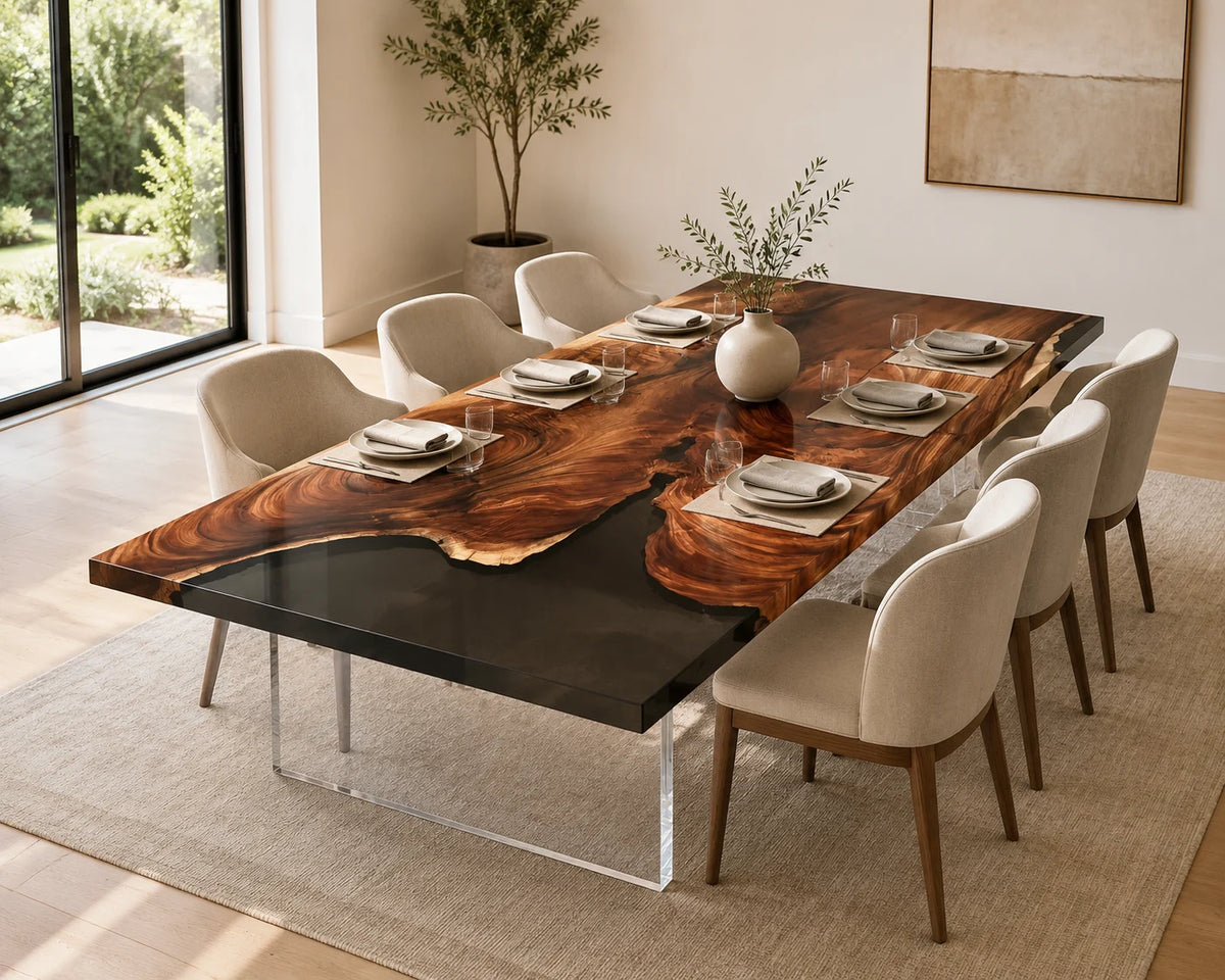 Aurorawoodart Custom Walnut Black Epoxy Live Edge Dining Table DT108