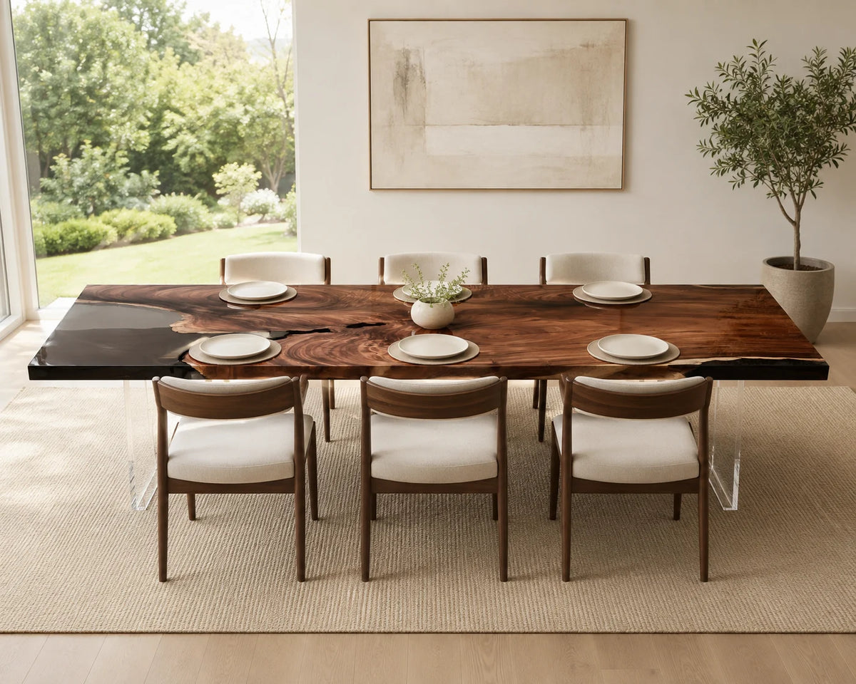 Aurorawoodart Custom Walnut Black Epoxy Live Edge Dining Table DT108