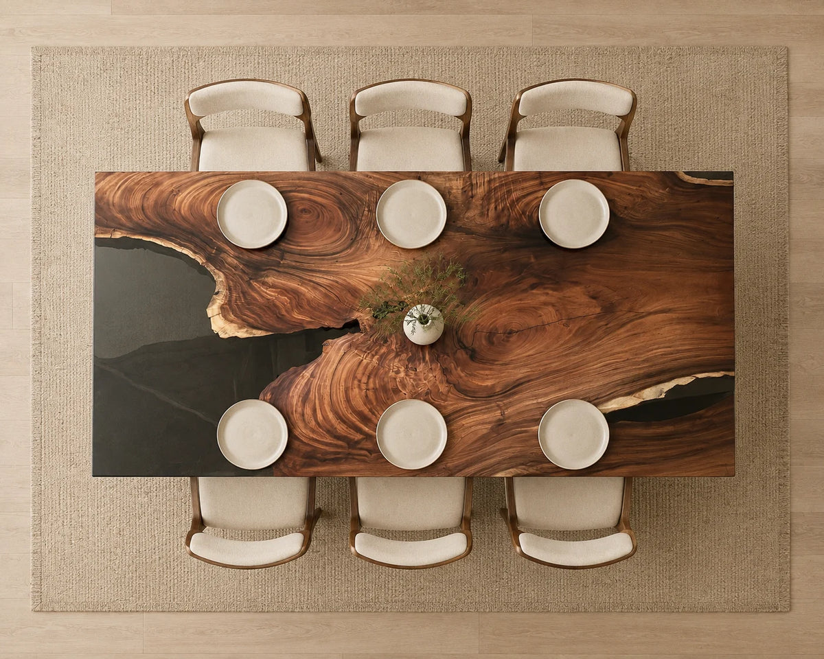 Aurorawoodart Custom Walnut Black Epoxy Live Edge Dining Table DT108