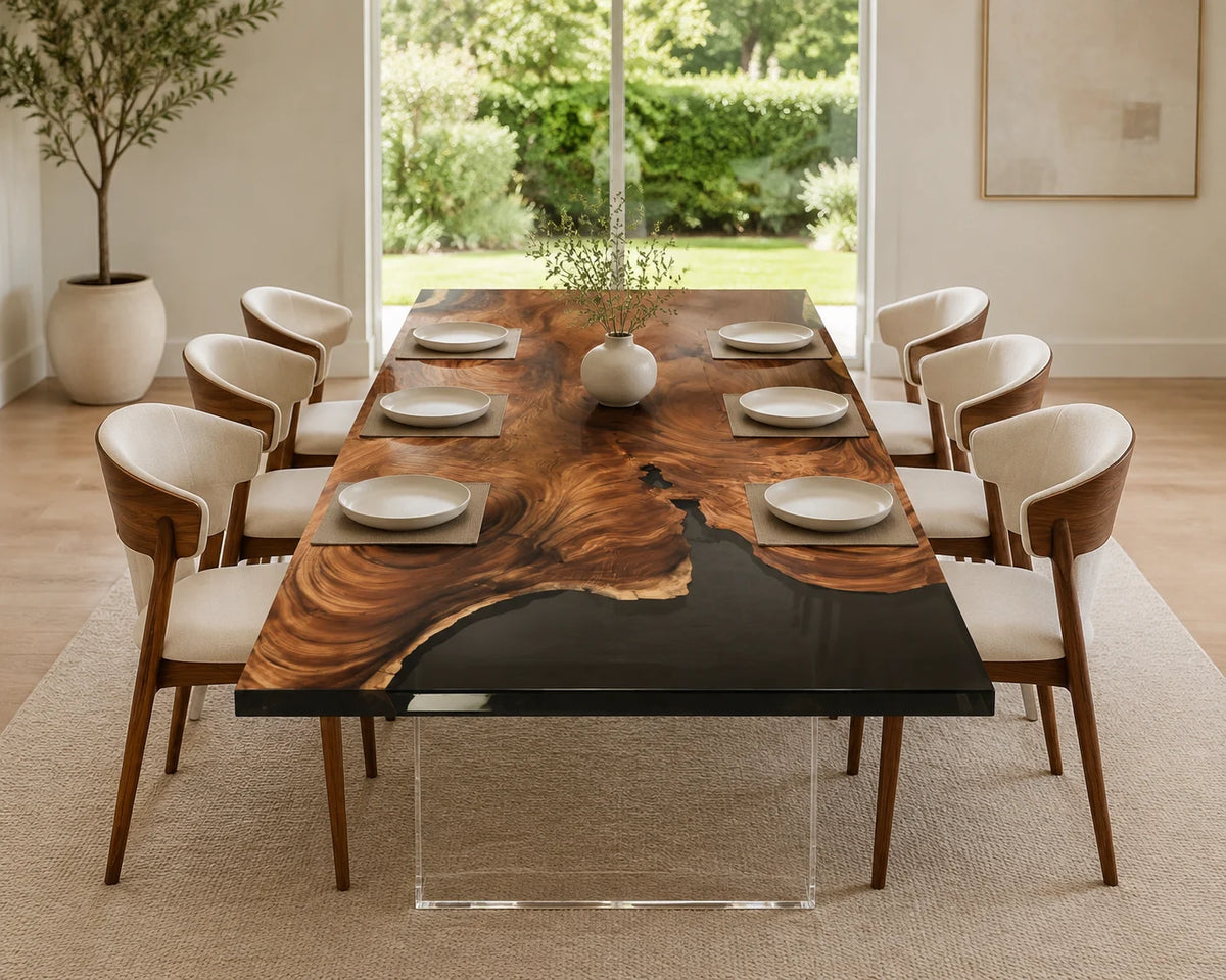 Aurorawoodart Custom Walnut Black Epoxy Live Edge Dining Table DT108