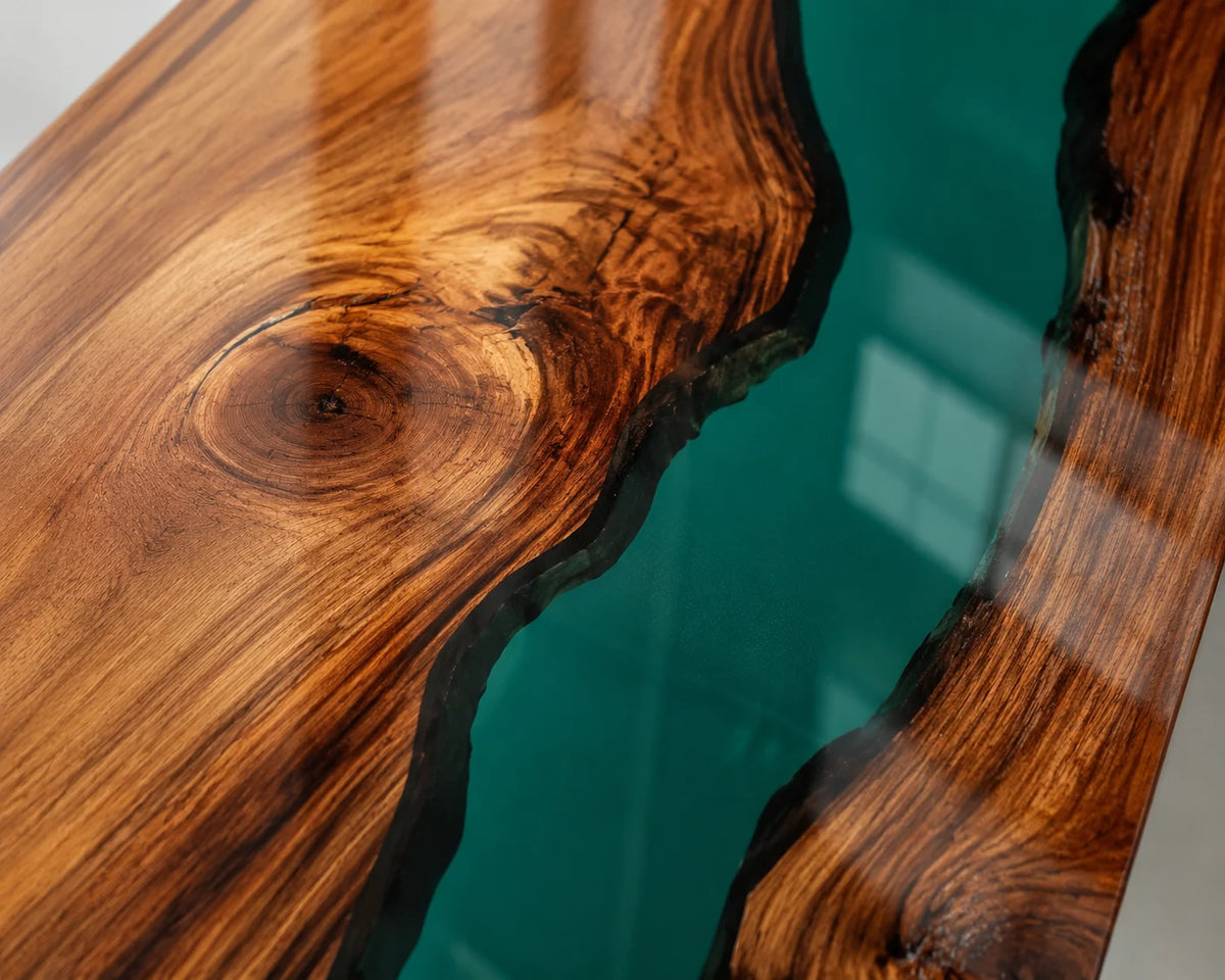 Aurorawoodart Custom Walnut Translucent Green Epoxy River Dining Table DT109