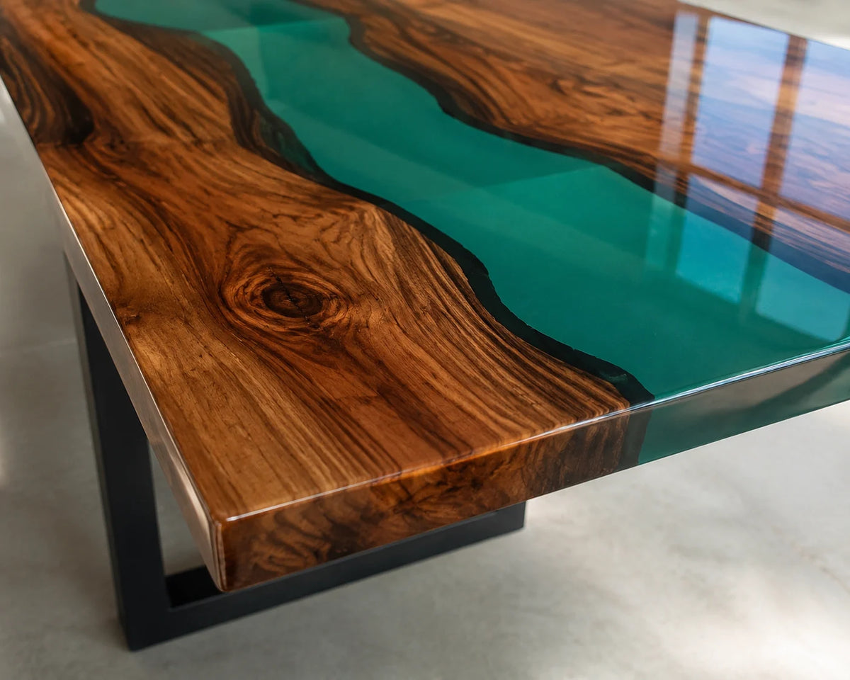 Aurorawoodart Custom Walnut Translucent Green Epoxy River Dining Table DT109