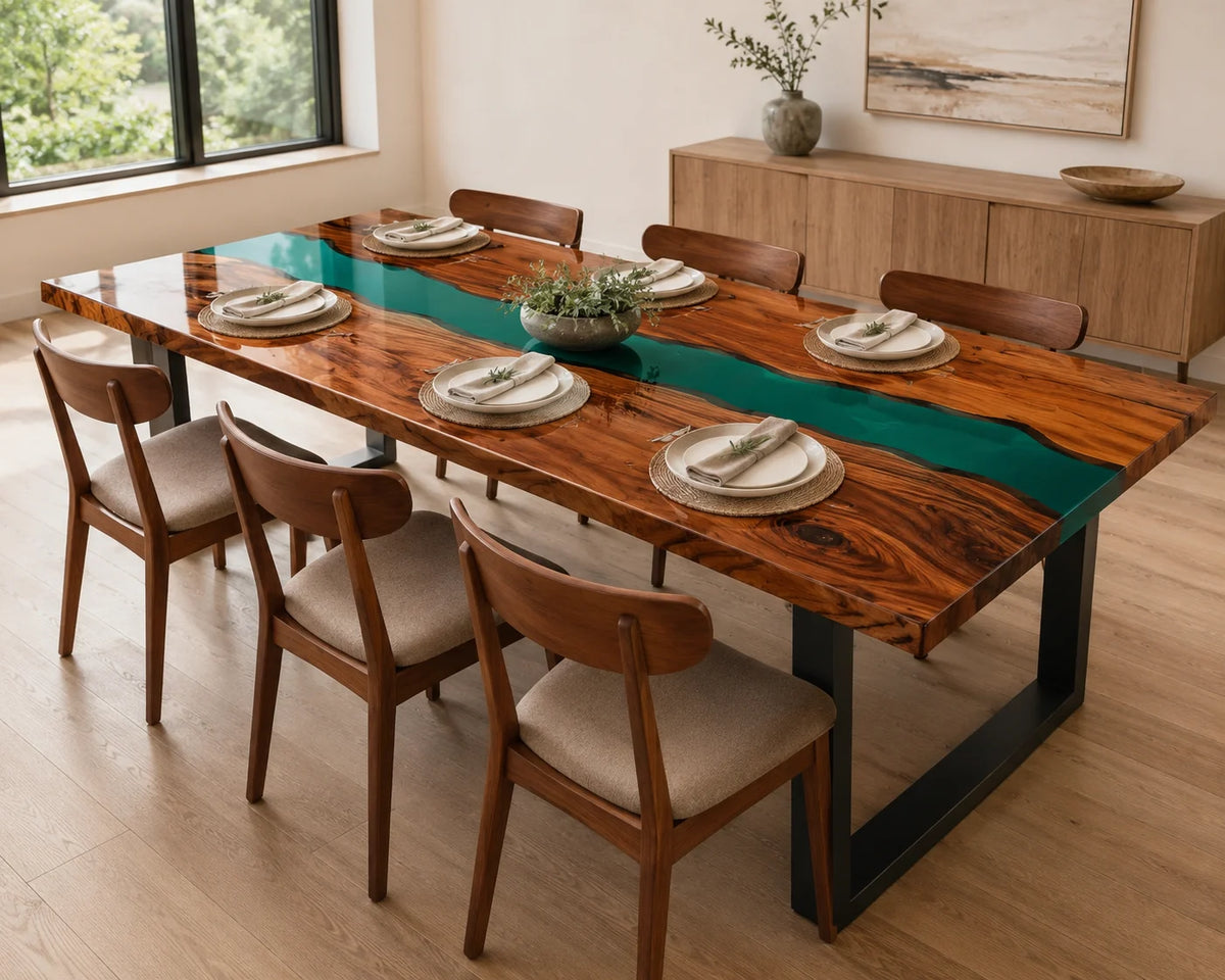 Aurorawoodart Custom Walnut Translucent Green Epoxy River Dining Table DT109