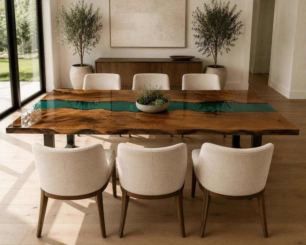 Aurorawoodart Custom Walnut Translucent Green Epoxy River Dining Table DT109