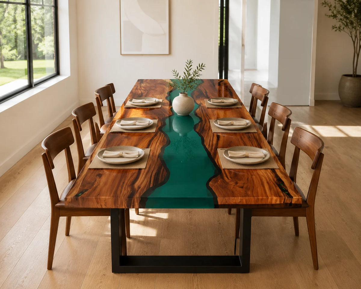 Aurorawoodart Custom Walnut Translucent Green Epoxy River Dining Table DT109