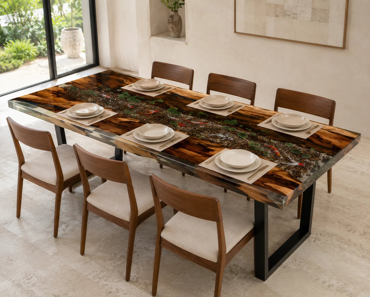 Aurorawoodart Custom Walnut Clear Koi Pond Epoxy Dining Table DT110