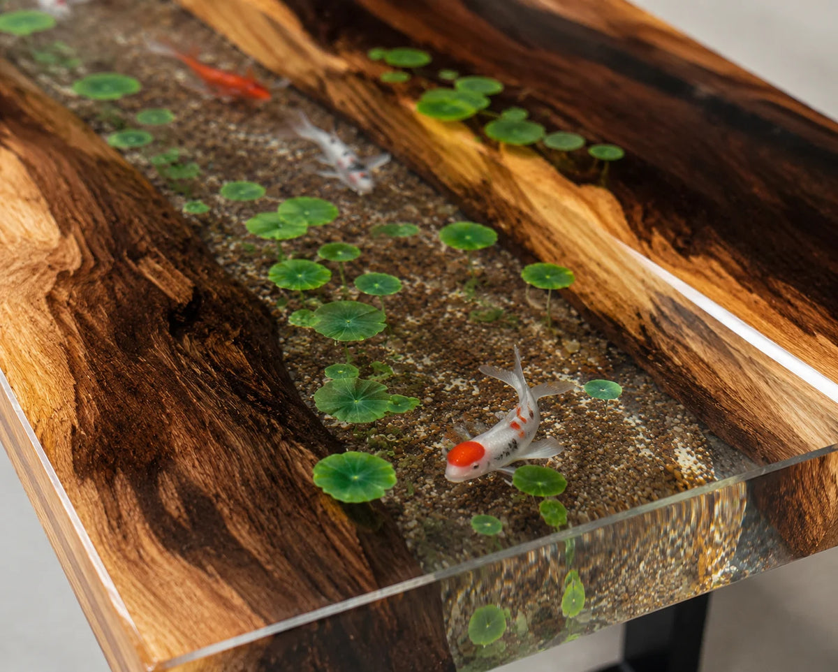 Aurorawoodart Custom Walnut Clear Koi Pond Epoxy Dining Table DT110