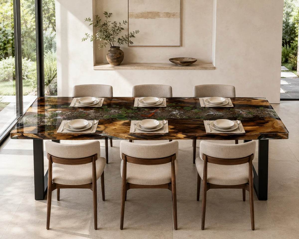 Aurorawoodart Custom Walnut Clear Koi Pond Epoxy Dining Table DT110