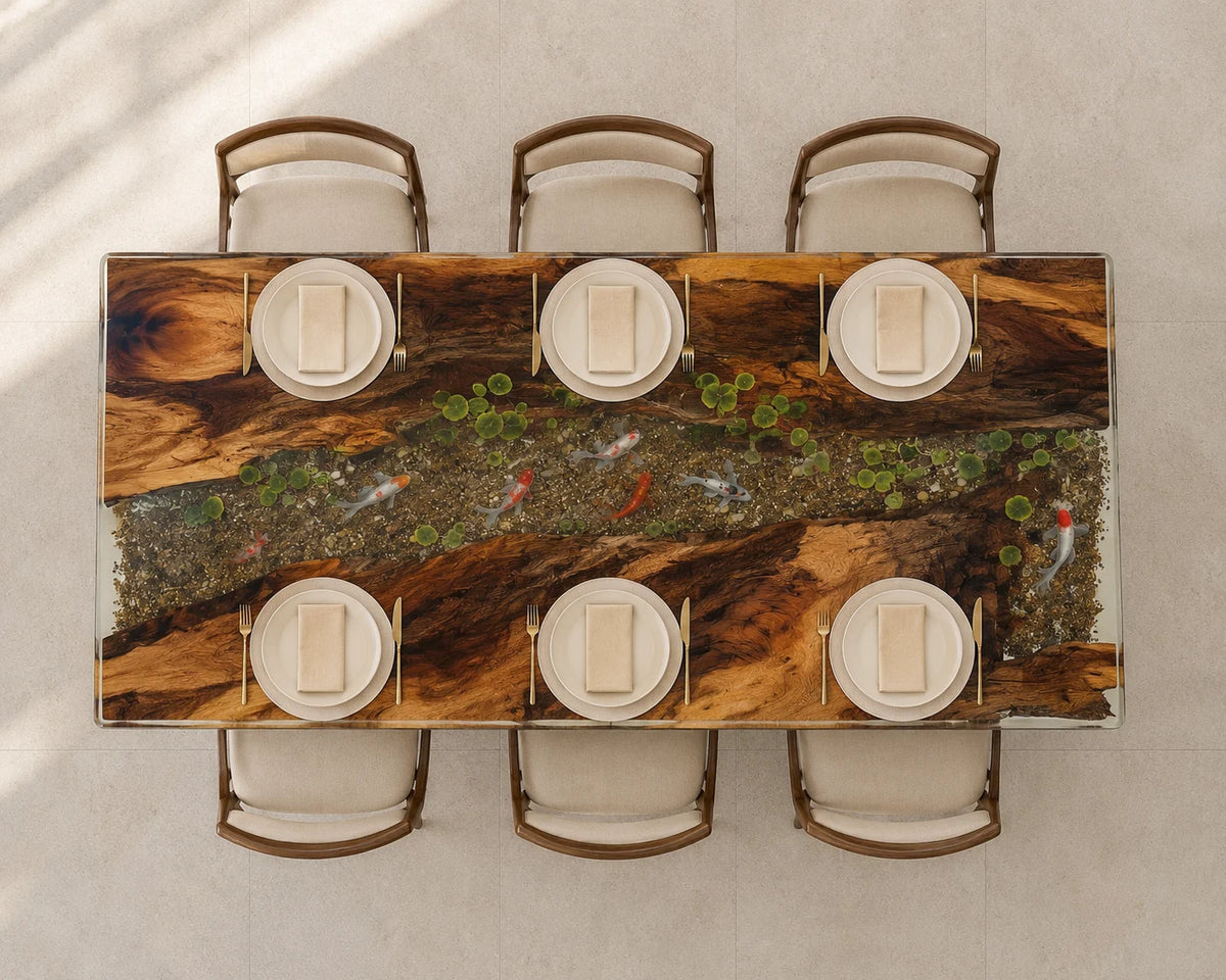 Aurorawoodart Custom Walnut Clear Koi Pond Epoxy Dining Table DT110