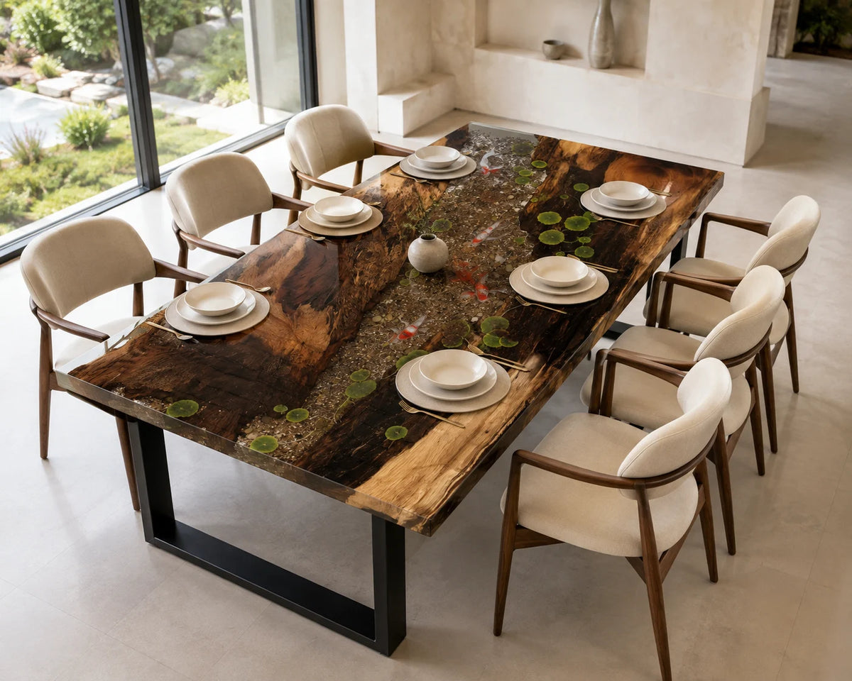 Aurorawoodart Custom Walnut Clear Koi Pond Epoxy Dining Table DT110