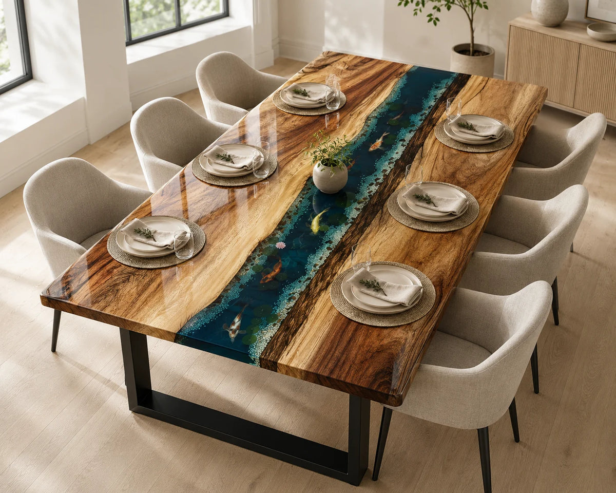 Aurorawoodart Custom Walnut Green Koi Pond Epoxy Dining Table DT111