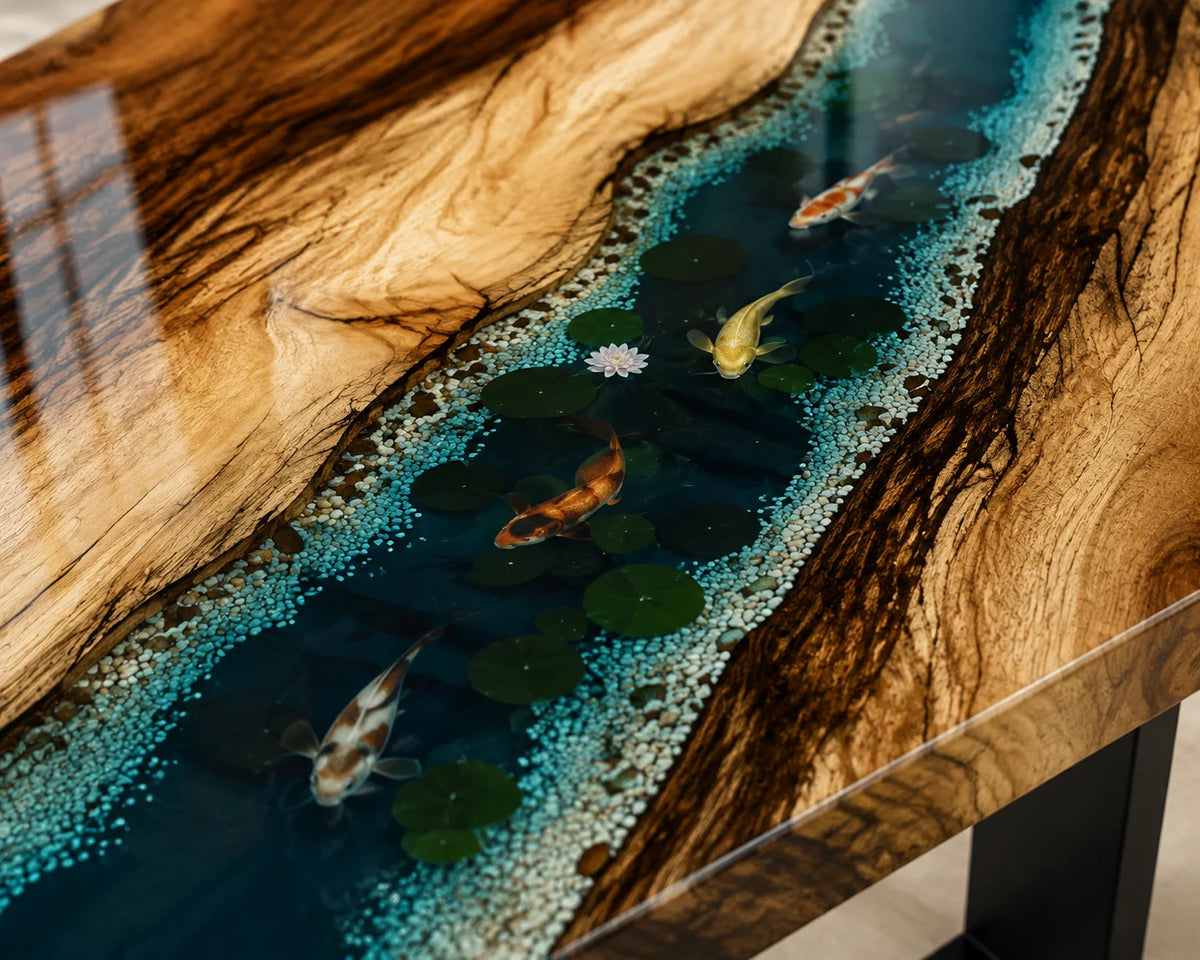 Aurorawoodart Custom Walnut Green Koi Pond Epoxy Dining Table DT111