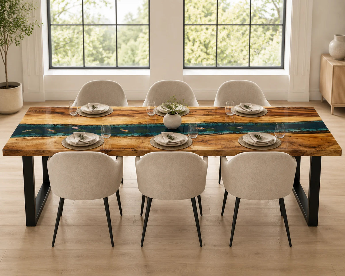 Aurorawoodart Custom Walnut Green Koi Pond Epoxy Dining Table DT111
