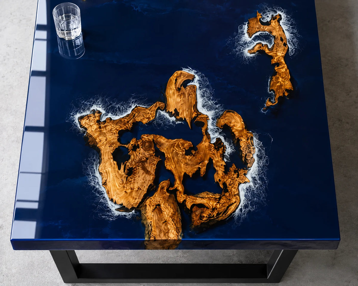 Aurorawoodart Custom Cedar Burl Blue Epoxy Ocean Dining Table DT112