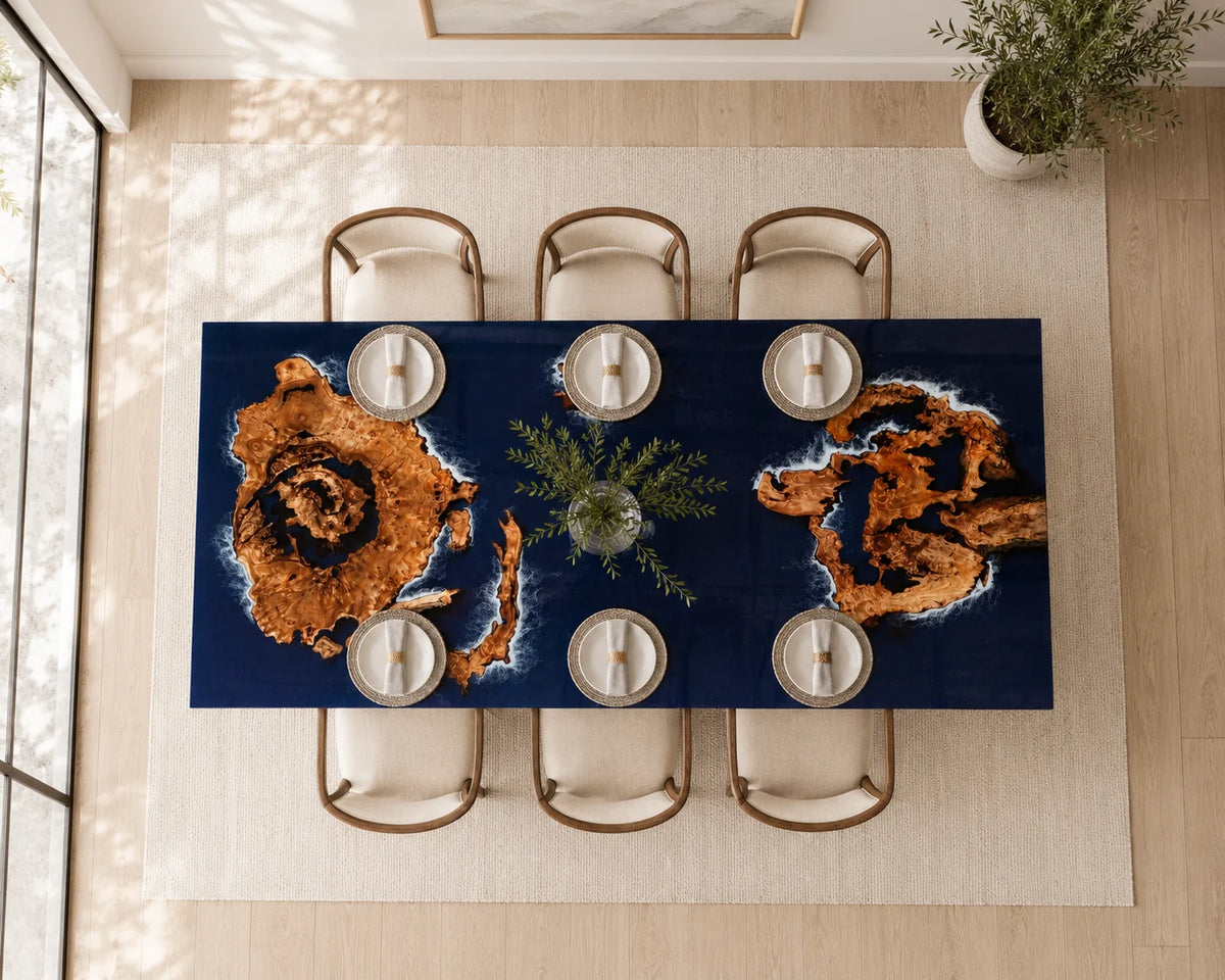 Aurorawoodart Custom Cedar Burl Blue Epoxy Ocean Dining Table DT112