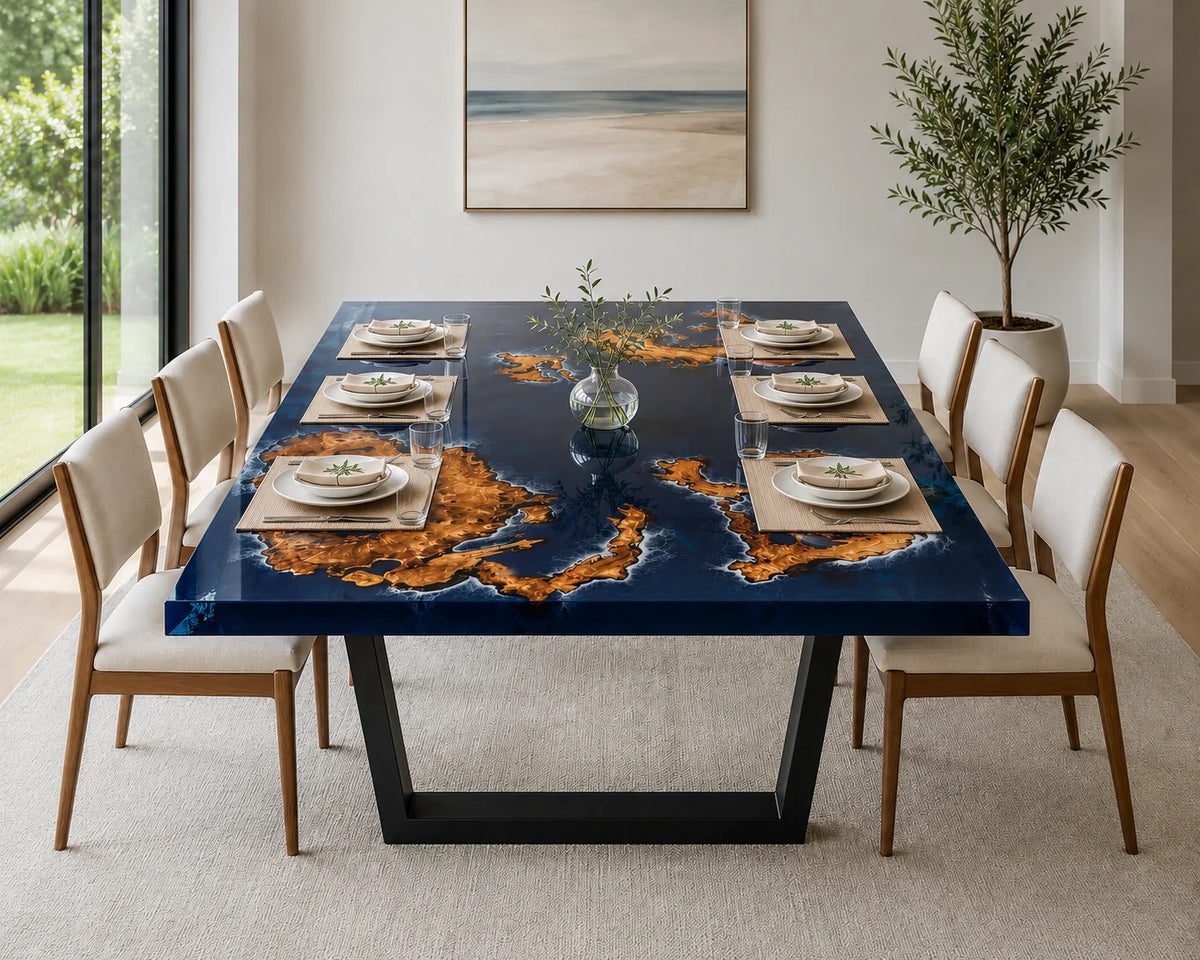 Aurorawoodart Custom Cedar Burl Blue Epoxy Ocean Dining Table DT112