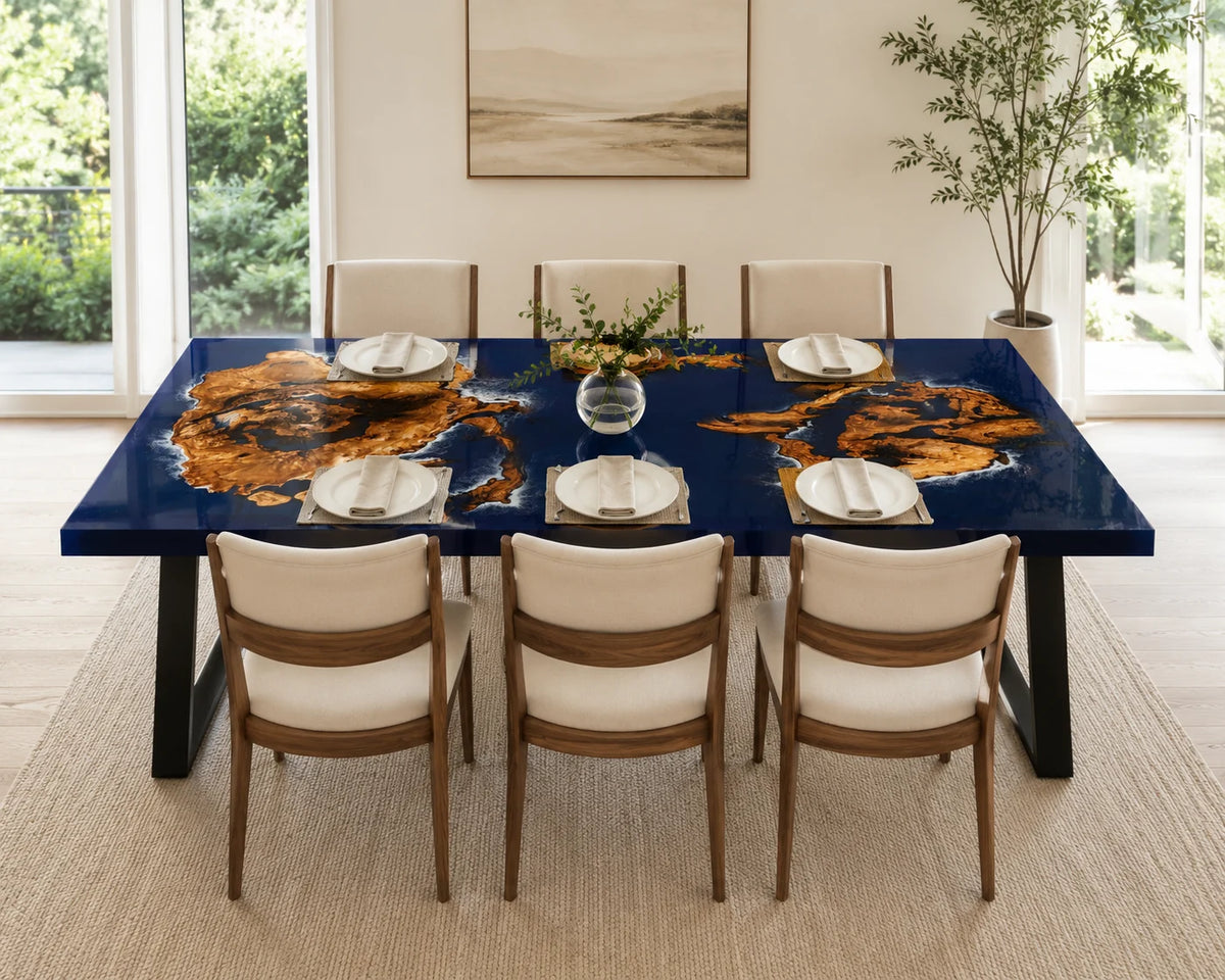 Aurorawoodart Custom Cedar Burl Blue Epoxy Ocean Dining Table DT112