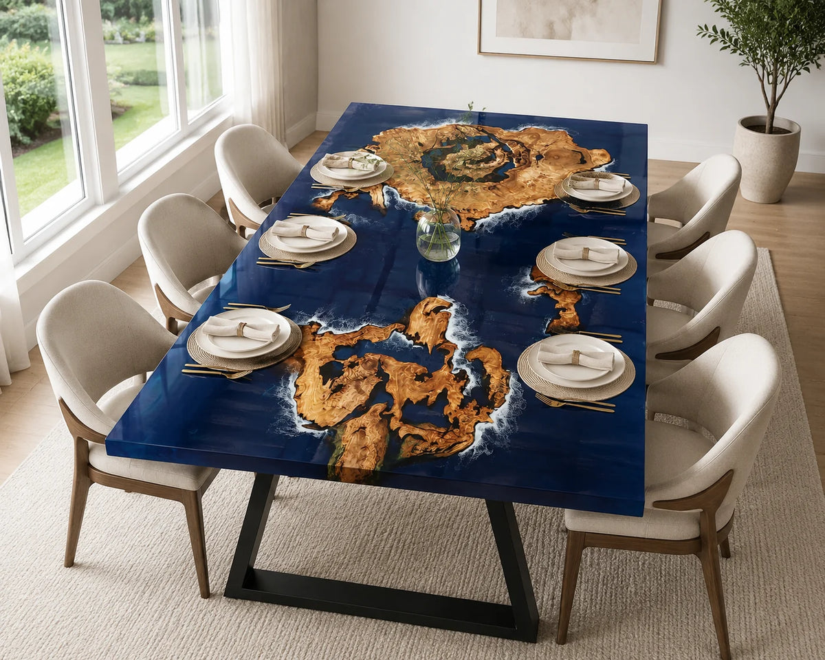 Aurorawoodart Custom Cedar Burl Blue Epoxy Ocean Dining Table DT112