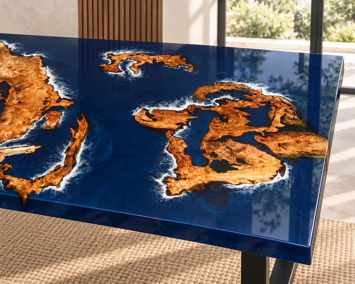 Aurorawoodart Custom Cedar Burl Blue Epoxy Ocean Dining Table DT113