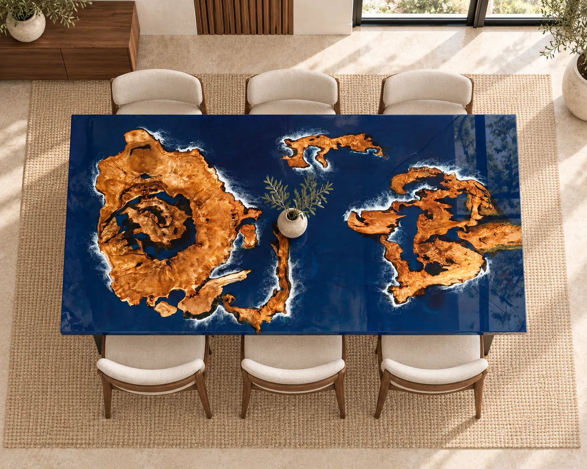 Aurorawoodart Custom Cedar Burl Blue Epoxy Ocean Dining Table DT113