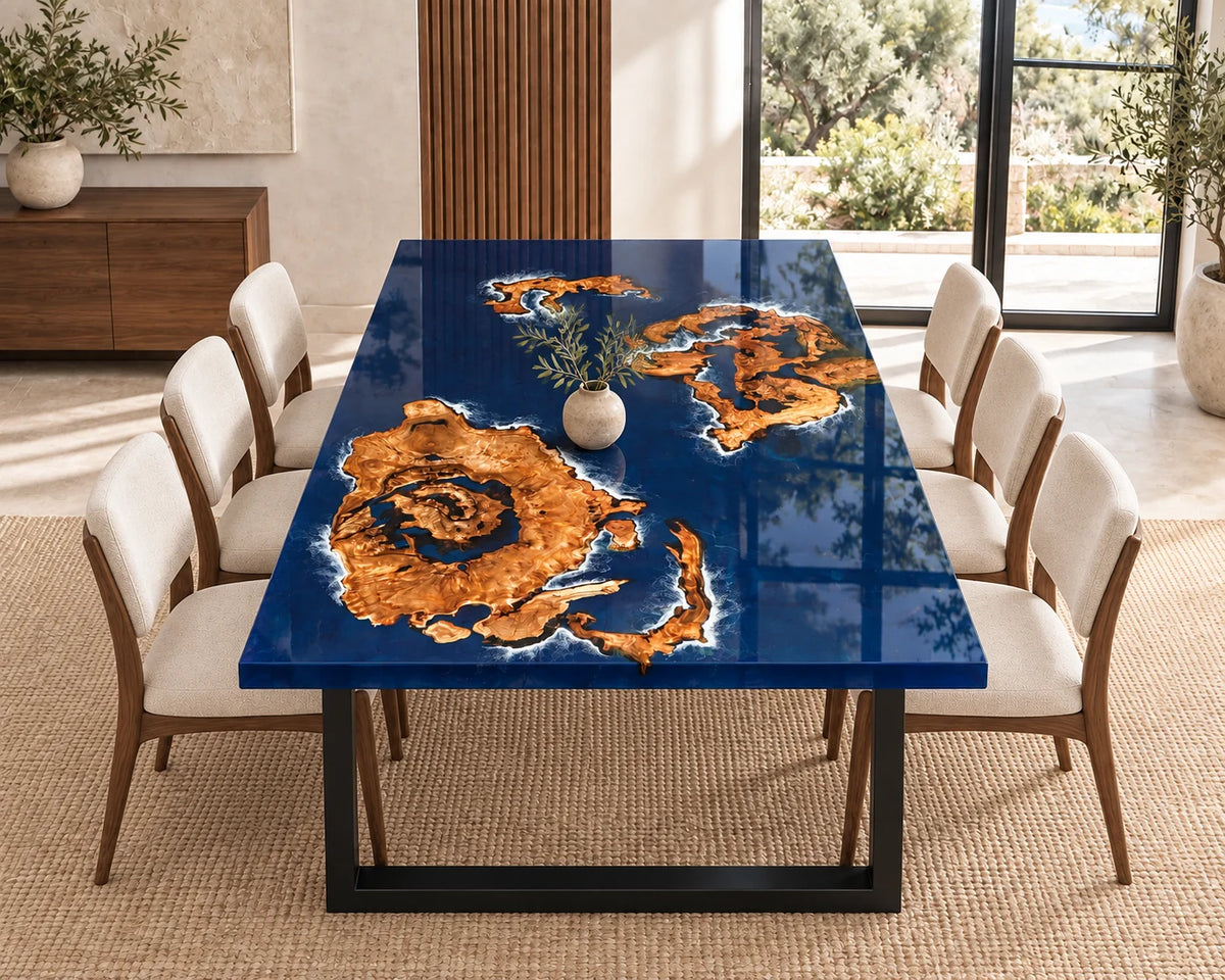 Aurorawoodart Custom Cedar Burl Blue Epoxy Ocean Dining Table DT113